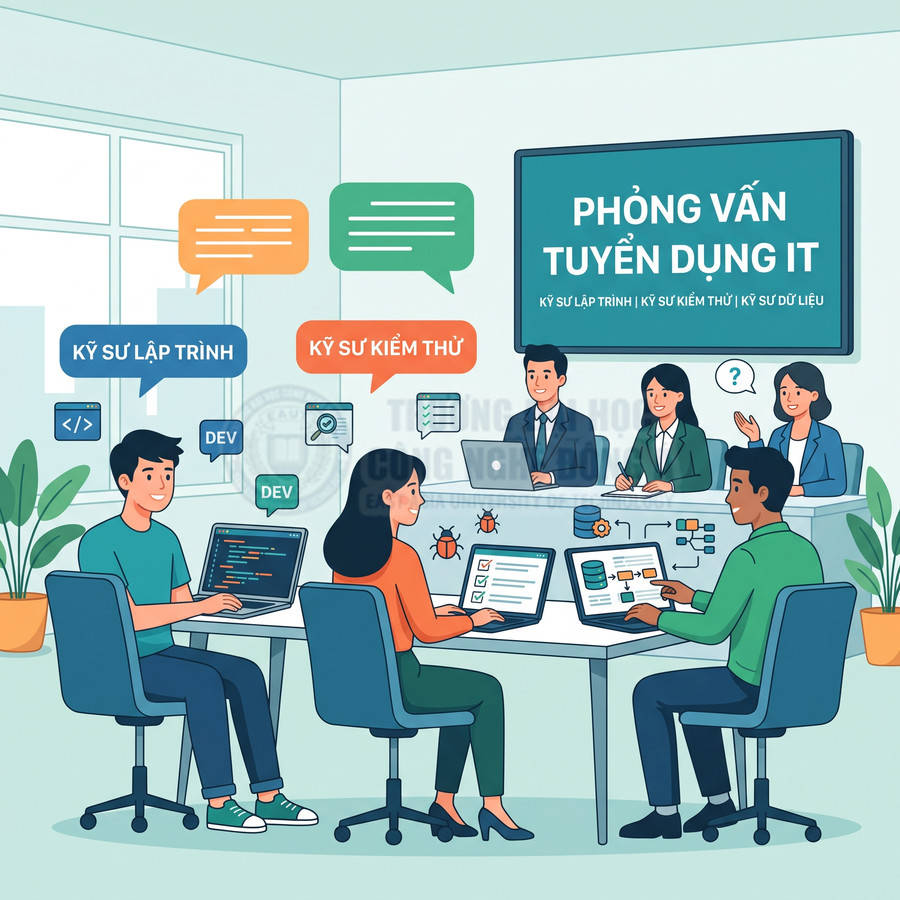 Minh họa buổi phỏng vấn tuyển dụng IT với lập trình viên, kỹ sư kiểm thử và kỹ sư dữ liệu làm việc trên laptop