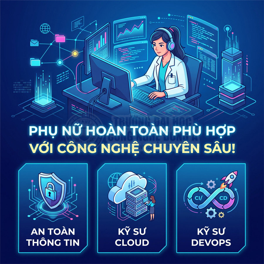 Phụ nữ làm việc trong lĩnh vực công nghệ chuyên sâu với các ngành an toàn thông tin, kỹ sư cloud và kỹ sư DevOps