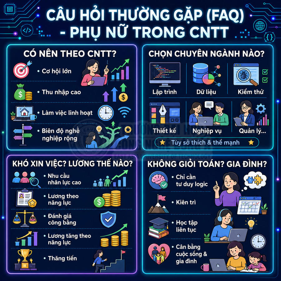Infographic câu hỏi thường gặp về phụ nữ trong ngành công nghệ thông tin, cơ hội nghề nghiệp và định hướng chuyên ngành