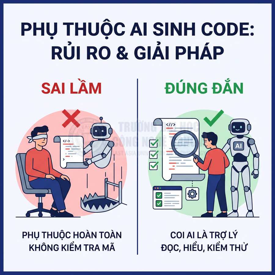 Minh họa rủi ro khi phụ thuộc AI sinh code và cách dùng AI như trợ lý kiểm tra mã lập trình