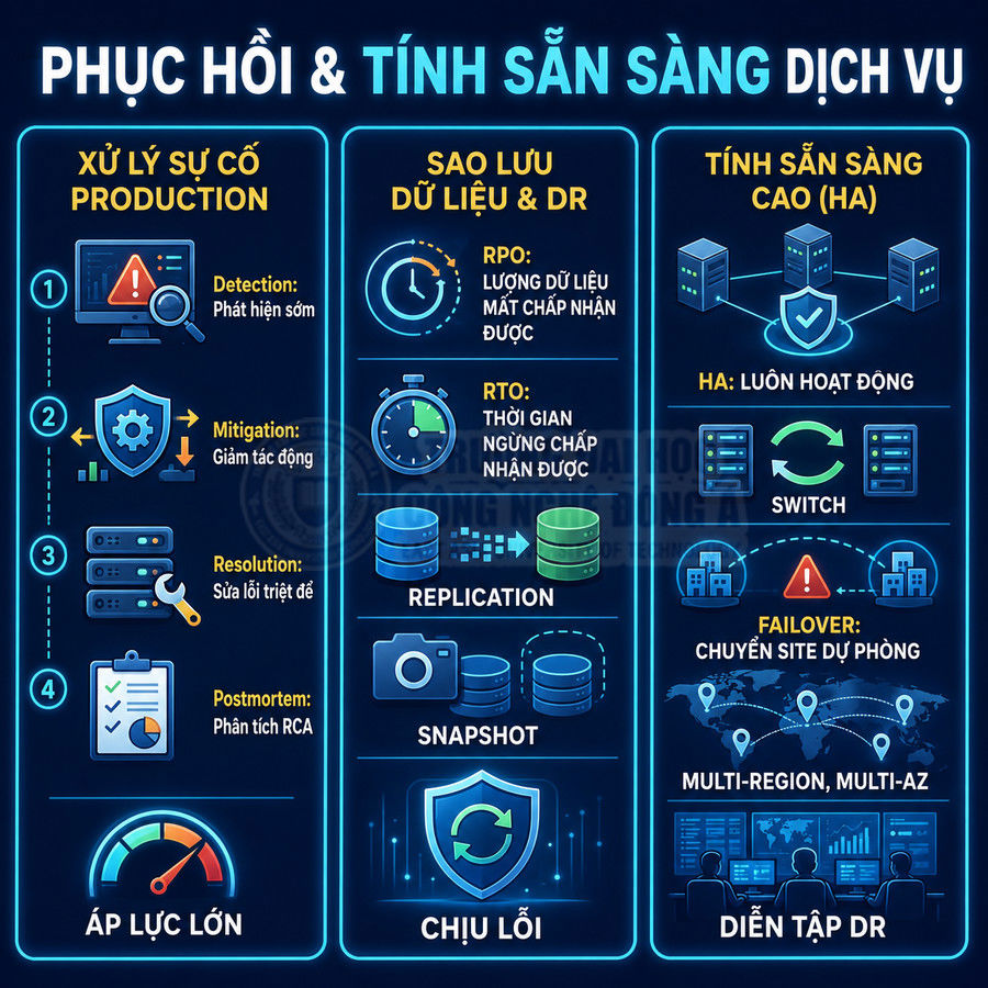 Infographic phục hồi và tính sẵn sàng dịch vụ với xử lý sự cố production, sao lưu dữ liệu, chịu lỗi và diễn tập DR