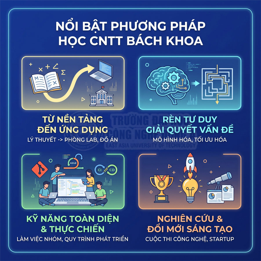 Poster giới thiệu phương pháp học CNTT Bách Khoa với nền tảng ứng dụng, kỹ năng thực chiến và nghiên cứu sáng tạo