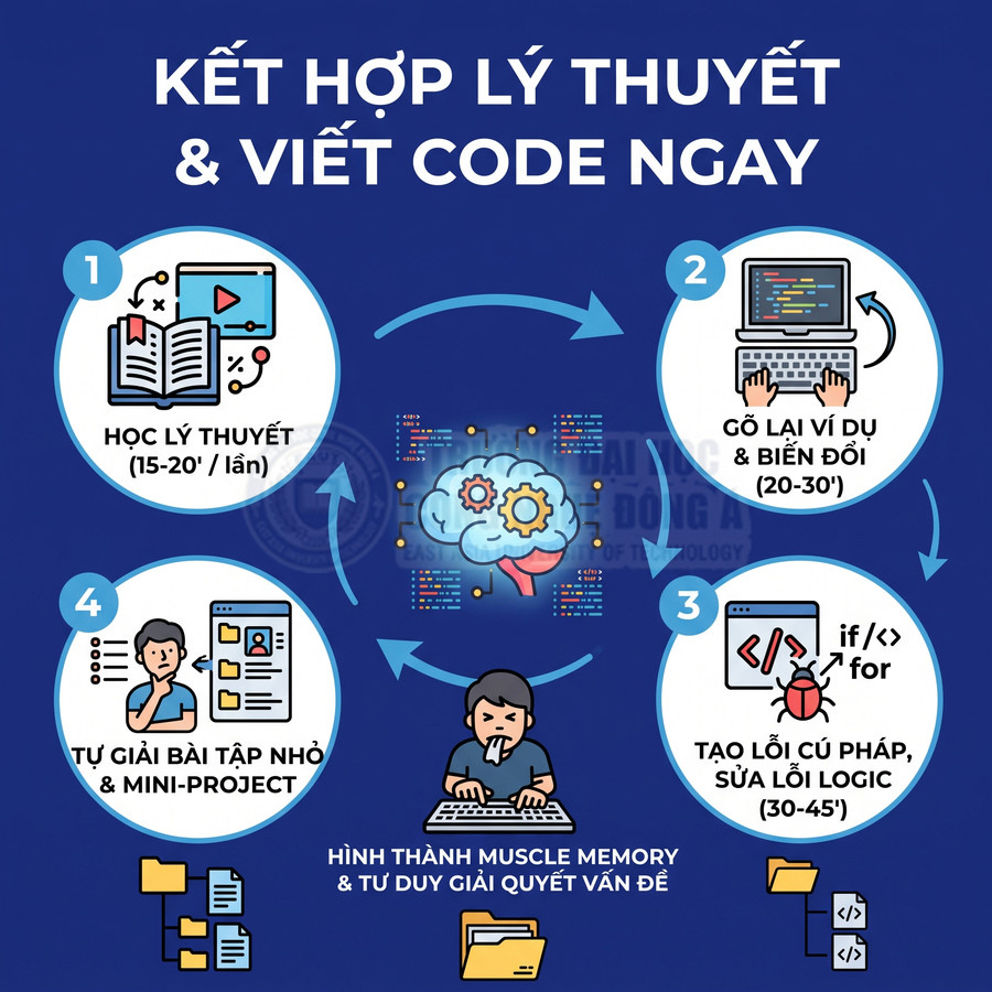 Quy trình học lập trình kết hợp lý thuyết và thực hành code với các bước luyện tập tuần tự