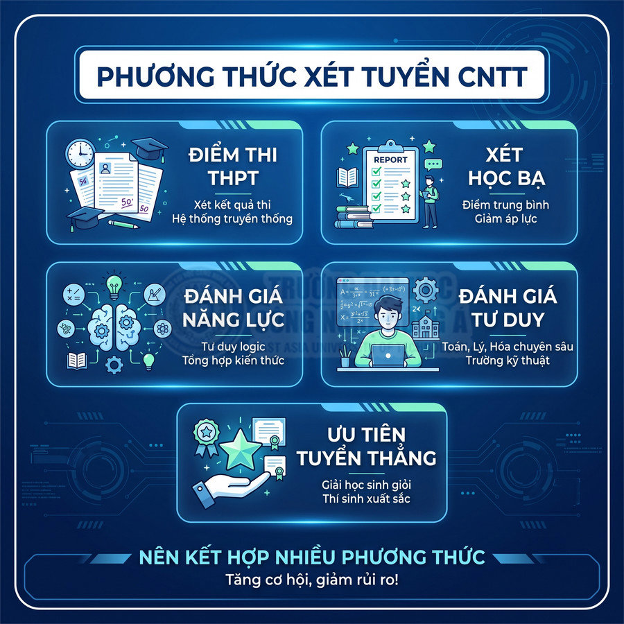 Infographic các phương thức xét tuyển ngành CNTT gồm điểm thi THPT, học bạ, đánh giá năng lực, tư duy và ưu tiên tuyển thẳng