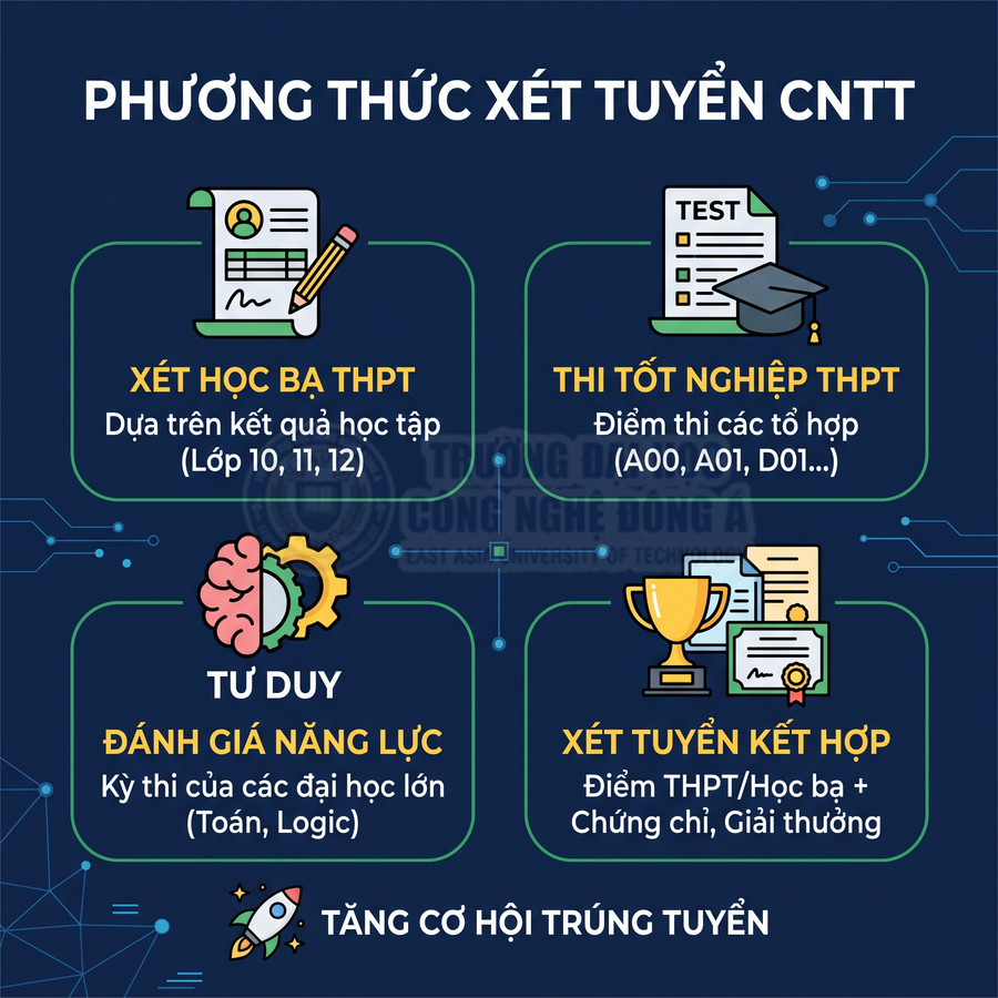 Các phương thức xét tuyển ngành CNTT: học bạ THPT, thi tốt nghiệp, tư duy đánh giá năng lực, xét tuyển kết hợp