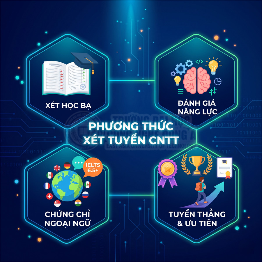 Các phương thức xét tuyển ngành CNTT gồm xét học bạ, đánh giá năng lực, chứng chỉ ngoại ngữ, tuyển thẳng ưu tiên