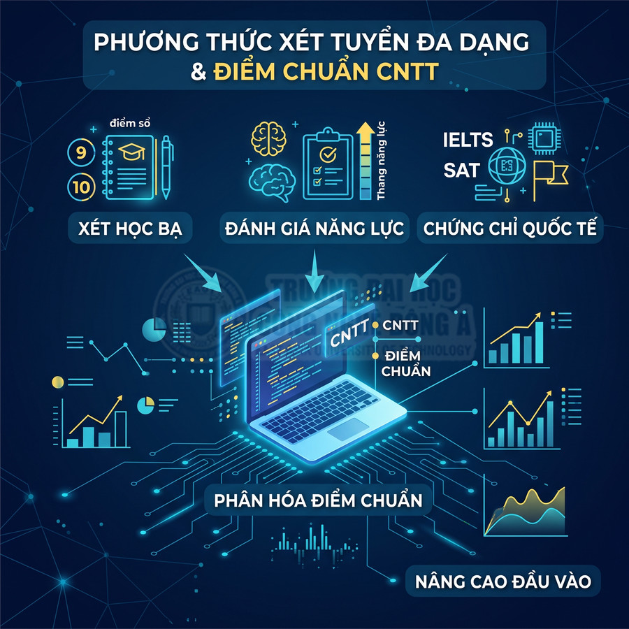 Infographic phương thức xét tuyển và điểm chuẩn ngành công nghệ thông tin với laptop, biểu đồ và các tiêu chí tuyển sinh