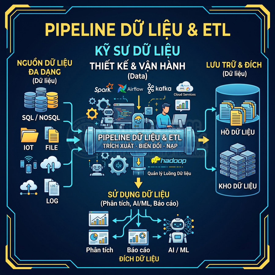 Sơ đồ pipeline dữ liệu ETL cho kỹ sư dữ liệu, minh họa nguồn, xử lý, lưu trữ và ứng dụng phân tích AI ML