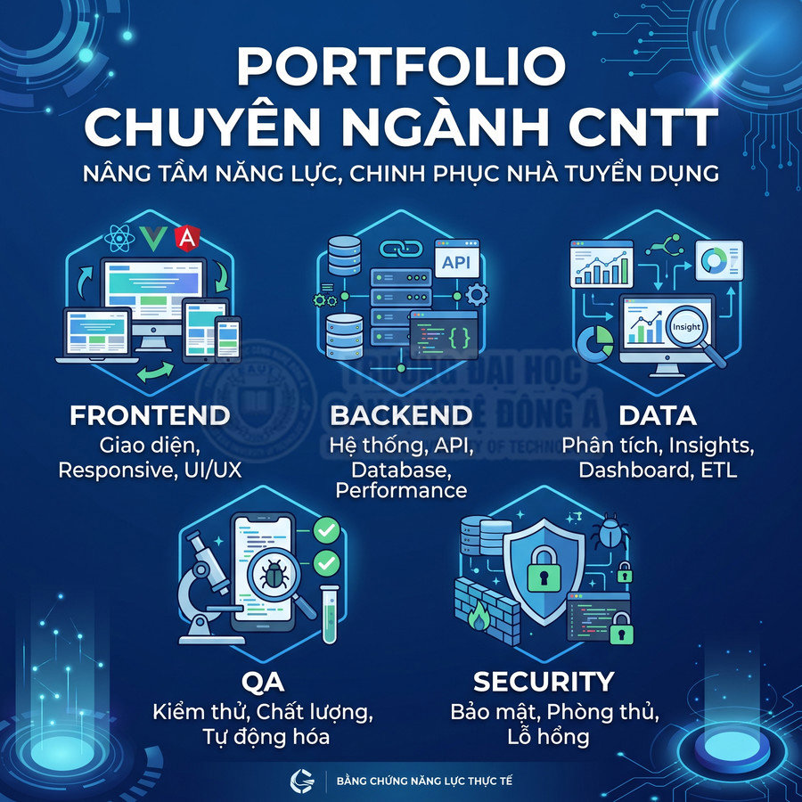 Portfolio chuyên ngành CNTT với các mảng Frontend, Backend, Data, QA, Security và kỹ năng liên quan