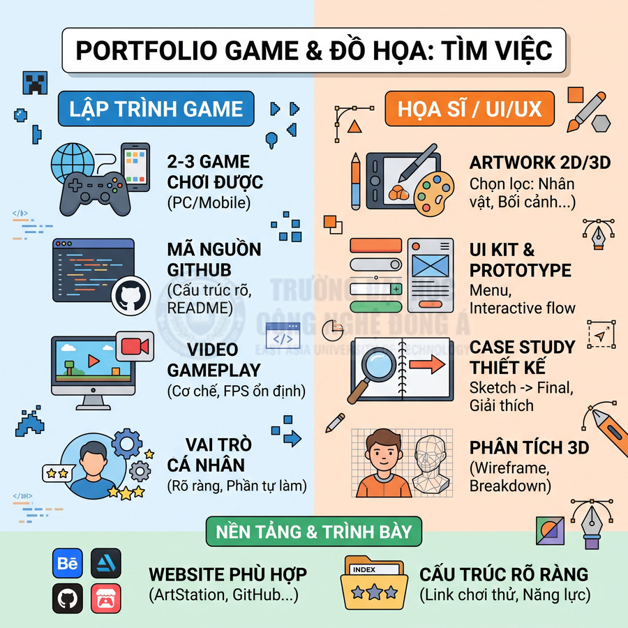 Infographic hướng dẫn xây dựng portfolio game và đồ họa UI UX với các mục nội dung và biểu tượng minh họa