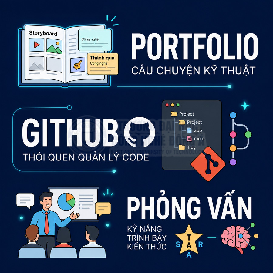 Minh họa portfolio kỹ thuật, quản lý code trên GitHub và kỹ năng trình bày kiến thức khi phỏng vấn