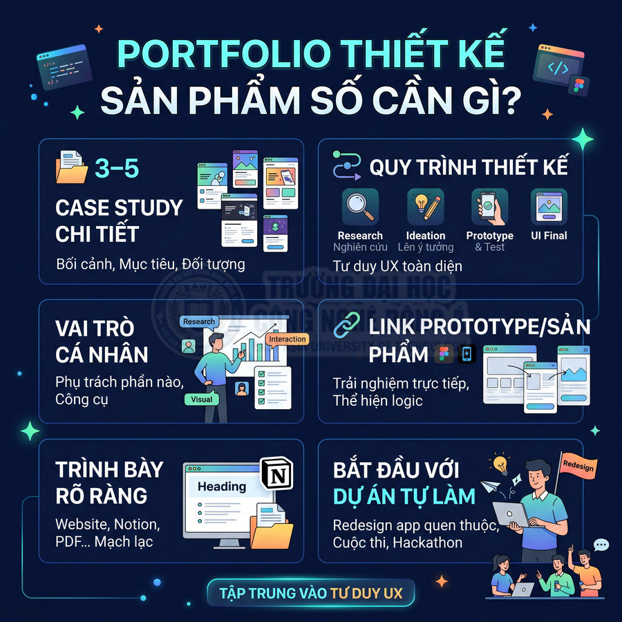 Infographic hướng dẫn xây dựng portfolio thiết kế sản phẩm số với case study, quy trình UX, vai trò cá nhân và link prototype