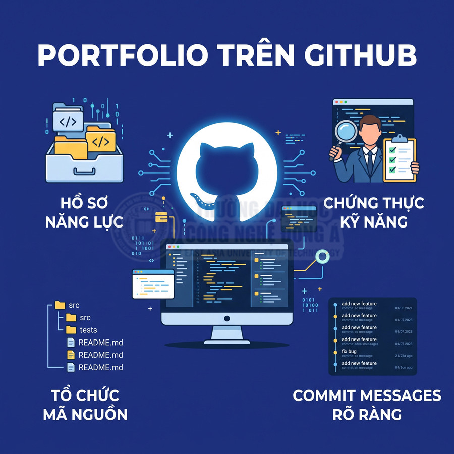 Minh họa portfolio trên GitHub với logo GitHub, màn hình code, hồ sơ năng lực và commit message rõ ràng