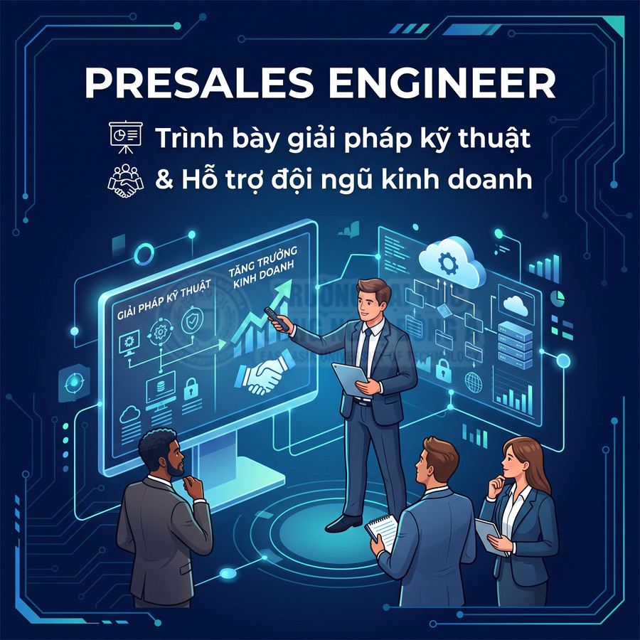 Minh họa Presales Engineer trình bày giải pháp kỹ thuật hỗ trợ tăng trưởng kinh doanh cho đội ngũ kinh doanh