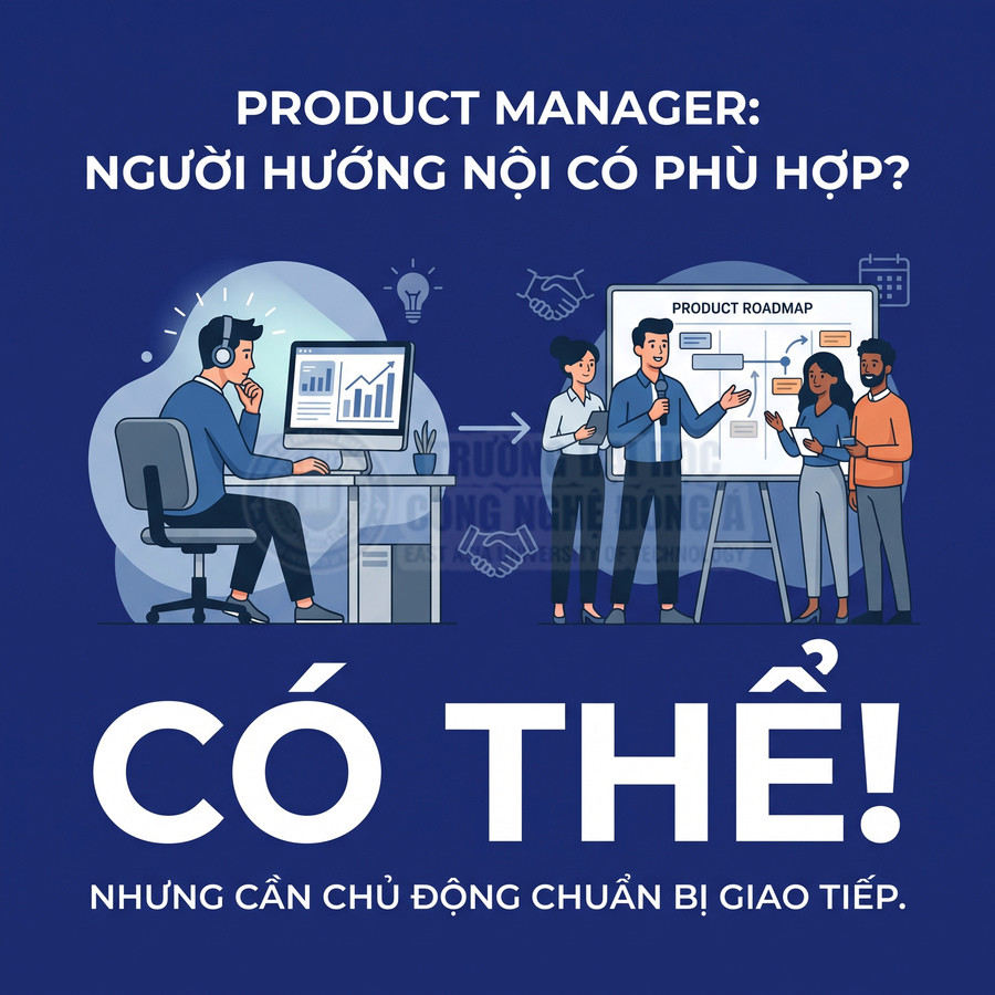 Minh họa product manager hướng nội làm việc với máy tính và thuyết trình product roadmap cho đội nhóm