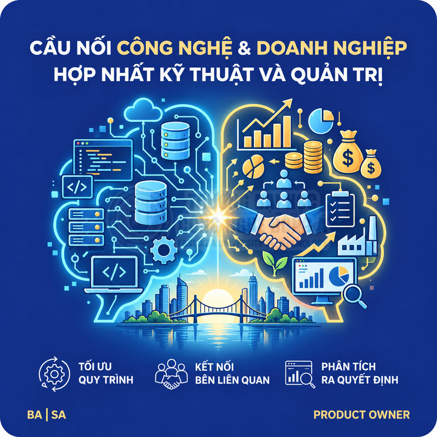Minh họa vai trò Product Owner kết nối công nghệ và doanh nghiệp, tối ưu quy trình và phân tích dữ liệu ra quyết định