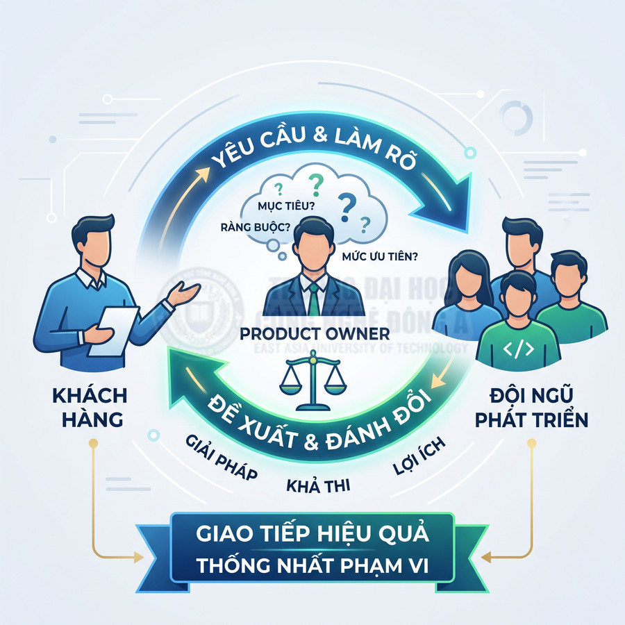 Mô hình Product Owner giao tiếp giữa khách hàng và đội ngũ phát triển để làm rõ yêu cầu và thống nhất phạm vi sản phẩm