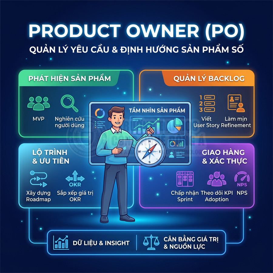 Minh họa vai trò Product Owner quản lý yêu cầu, định hướng sản phẩm số và các nhiệm vụ chính trong quy trình Agile