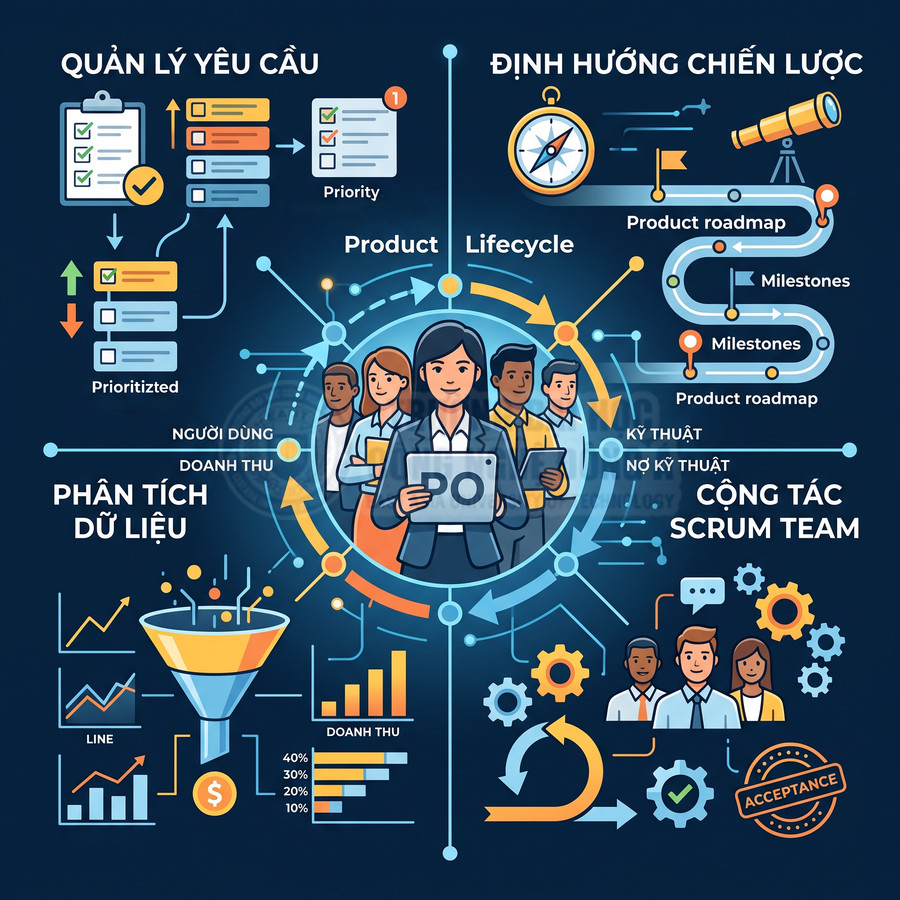 Minh họa quy trình quản lý sản phẩm Agile với product owner, phân tích dữ liệu, roadmap và cộng tác scrum team