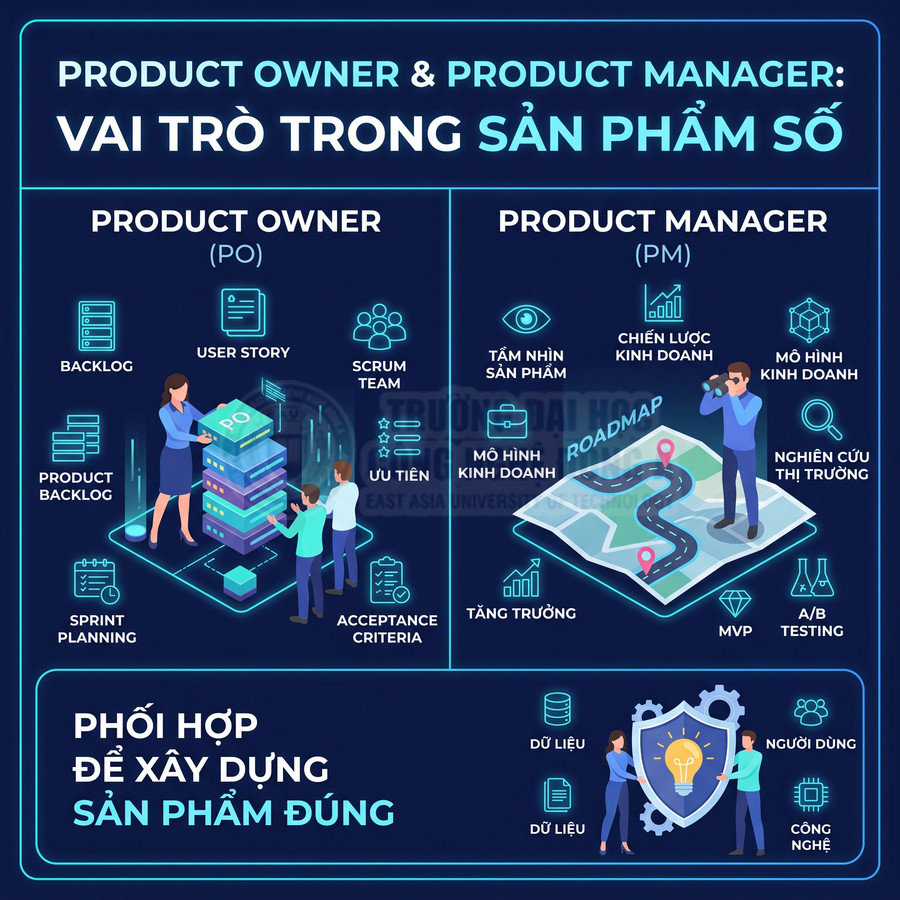 Infographic so sánh vai trò Product Owner và Product Manager trong phát triển sản phẩm số
