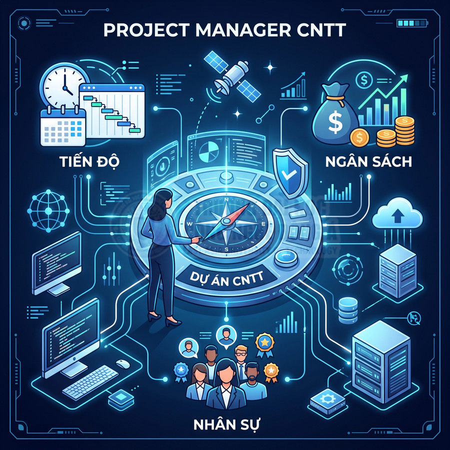 Minh họa Project Manager CNTT quản lý tiến độ, ngân sách, nhân sự và hạ tầng công nghệ trong dự án phần mềm