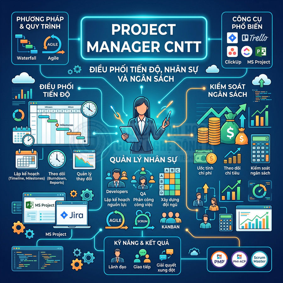 Infographic mô tả vai trò Project Manager CNTT với quản lý tiến độ, nhân sự, ngân sách và các công cụ Jira, Trello, MS Project