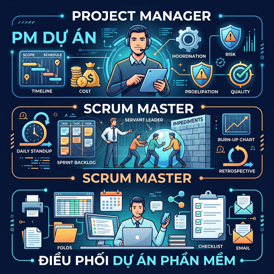 Minh họa so sánh vai trò Project Manager và Scrum Master trong điều phối dự án phần mềm