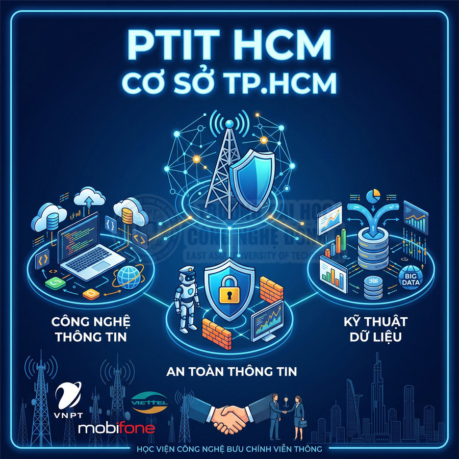 Poster giới thiệu các ngành công nghệ thông tin, an toàn thông tin, kỹ thuật dữ liệu tại PTIT cơ sở TP HCM