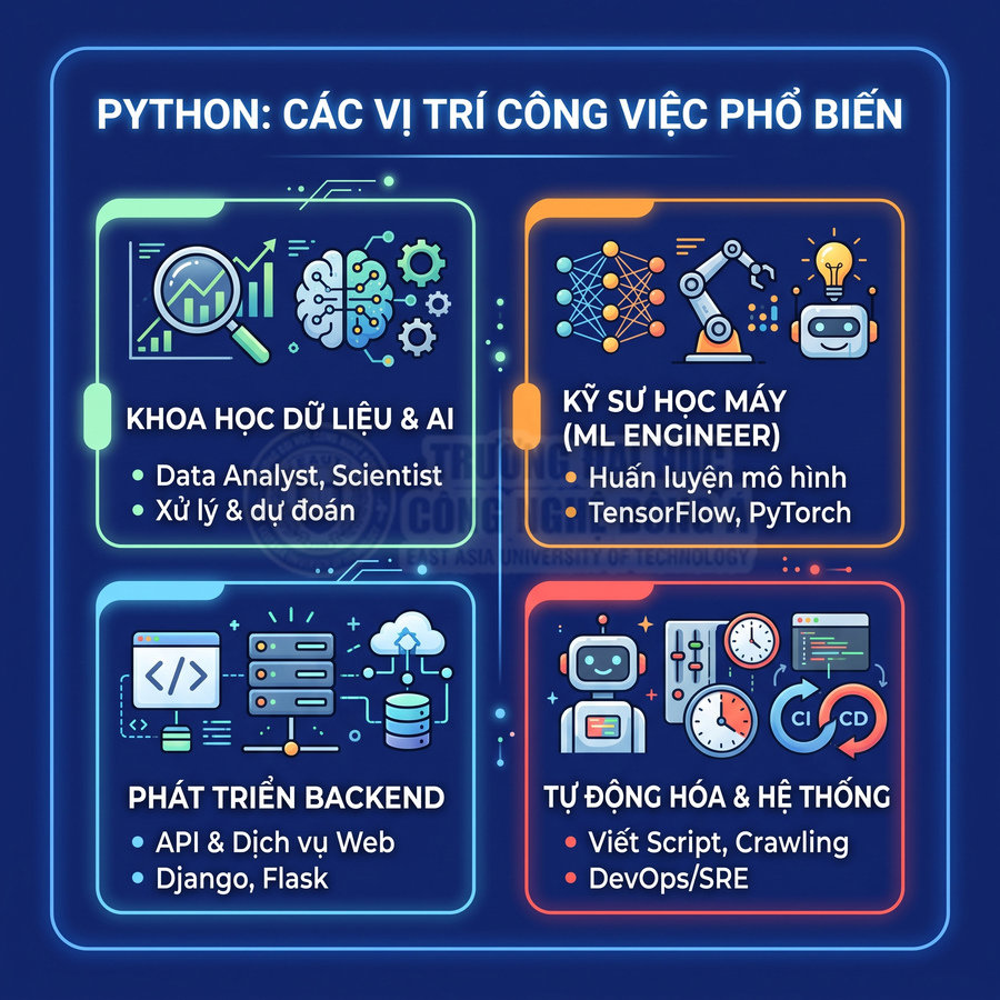 Infographic các vị trí việc làm phổ biến với Python như khoa học dữ liệu, ML engineer, backend, tự động hóa hệ thống
