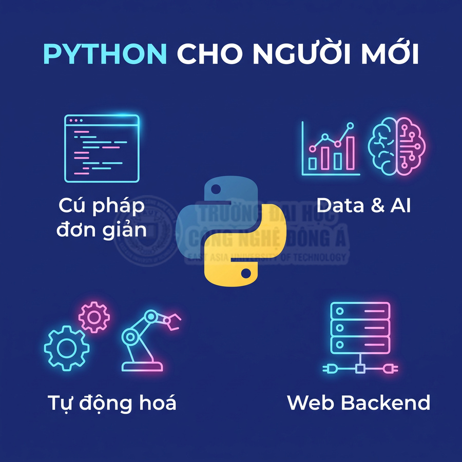Lợi ích học Python cho người mới với cú pháp đơn giản, Data và AI, tự động hóa, lập trình web backend
