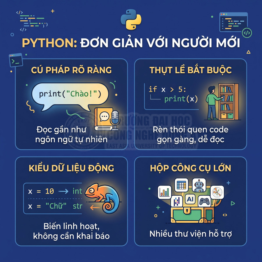 Ưu điểm Python cho người mới: cú pháp rõ ràng, kiểu dữ liệu động, thư viện phong phú, rèn thói quen code gọn gàng