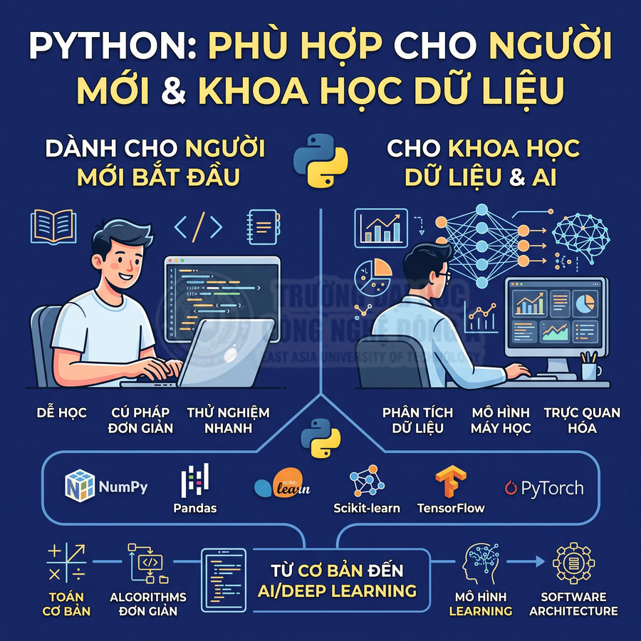 Poster giới thiệu Python cho người mới và khoa học dữ liệu, minh họa học lập trình, AI, machine learning, NumPy, Pandas