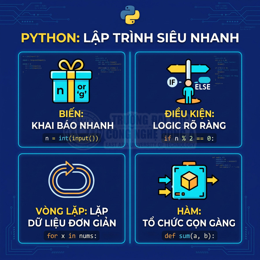 Poster giới thiệu ưu điểm Python với biến, điều kiện, vòng lặp và hàm giúp lập trình nhanh và rõ ràng