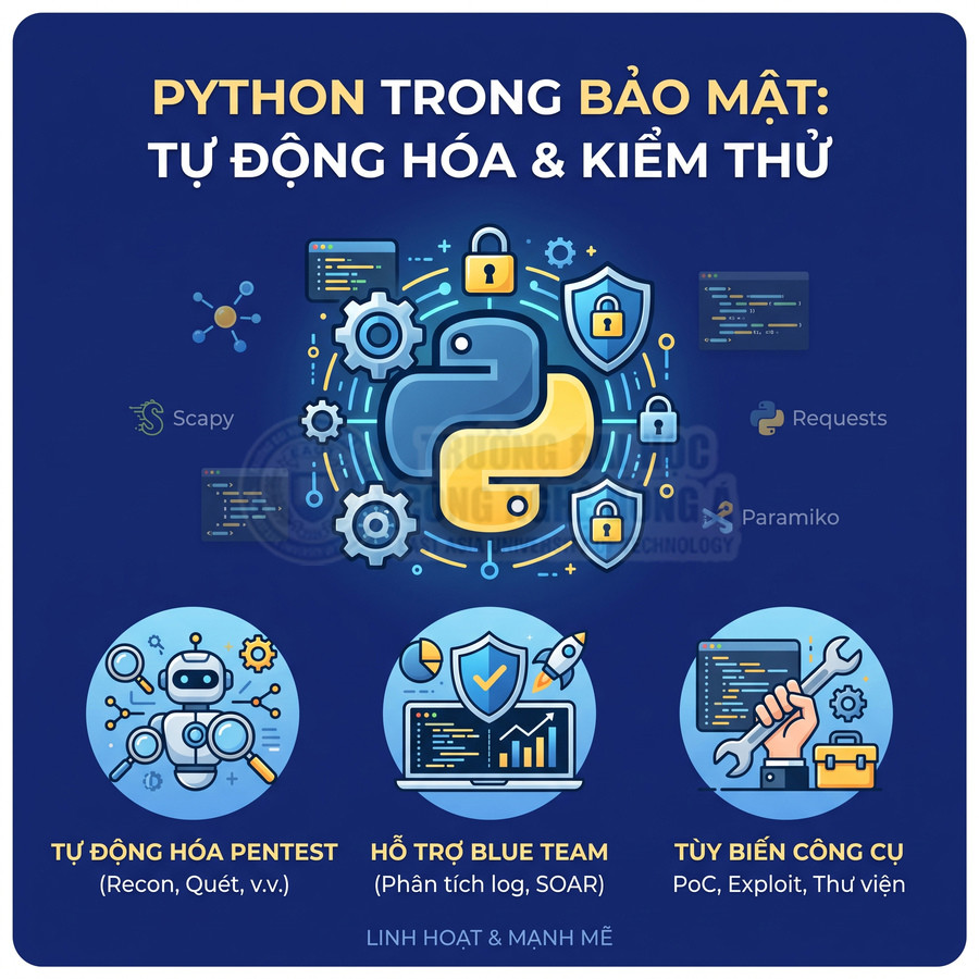 Infographic Python trong bảo mật, tự động hóa pentest, hỗ trợ blue team và tùy biến công cụ an ninh mạng
