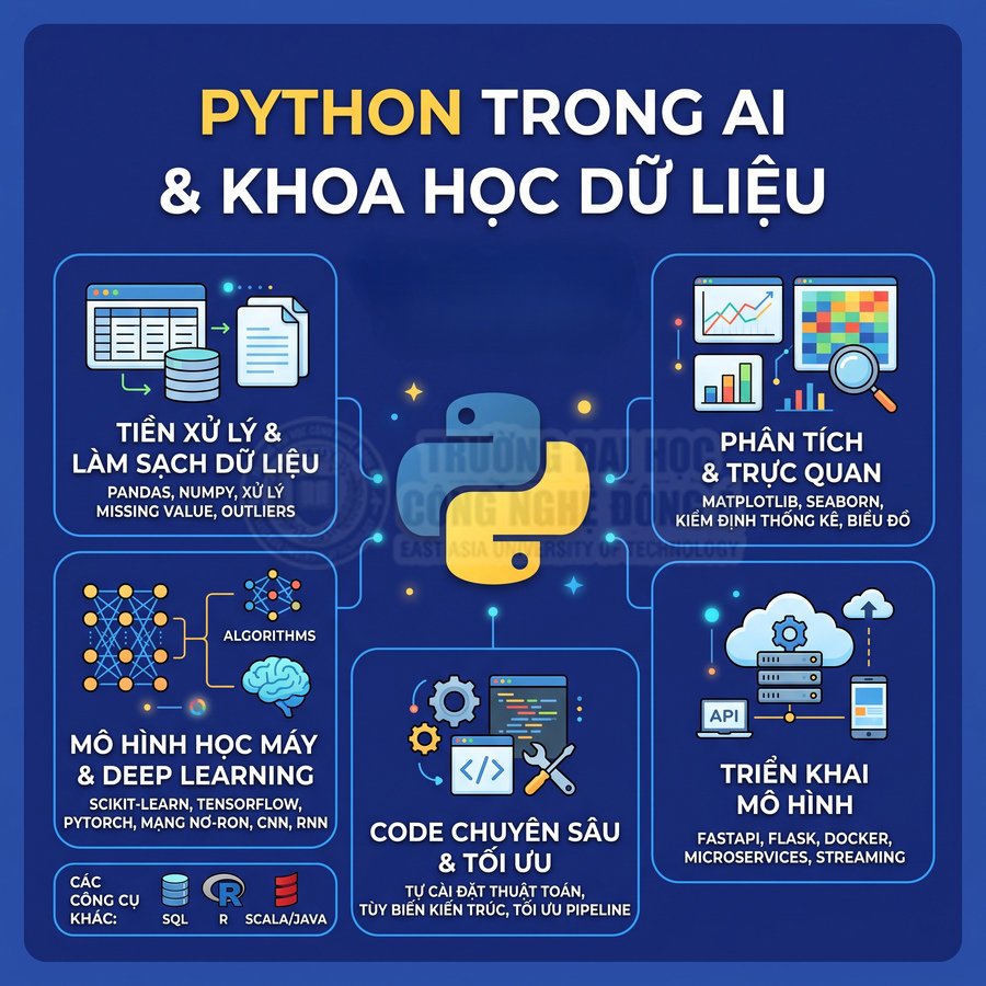 Ứng dụng Python trong AI và khoa học dữ liệu với xử lý dữ liệu, phân tích, machine learning và triển khai mô hình