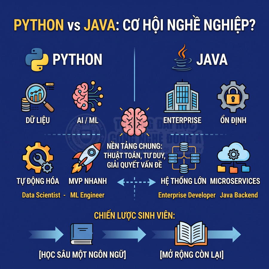 So sánh Python và Java về cơ hội nghề nghiệp như data scientist, ML engineer, enterprise developer, Java backend