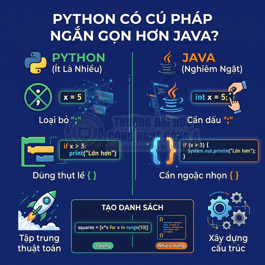 So sánh cú pháp Python và Java với ví dụ mã minh họa, nhấn mạnh Python ngắn gọn hơn Java