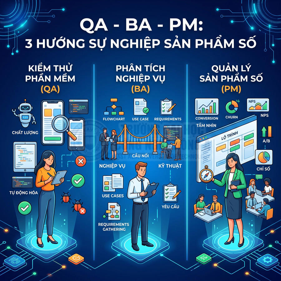 Minh họa ba hướng sự nghiệp sản phẩm số QA BA PM với mô tả nhiệm vụ và kỹ năng từng vị trí