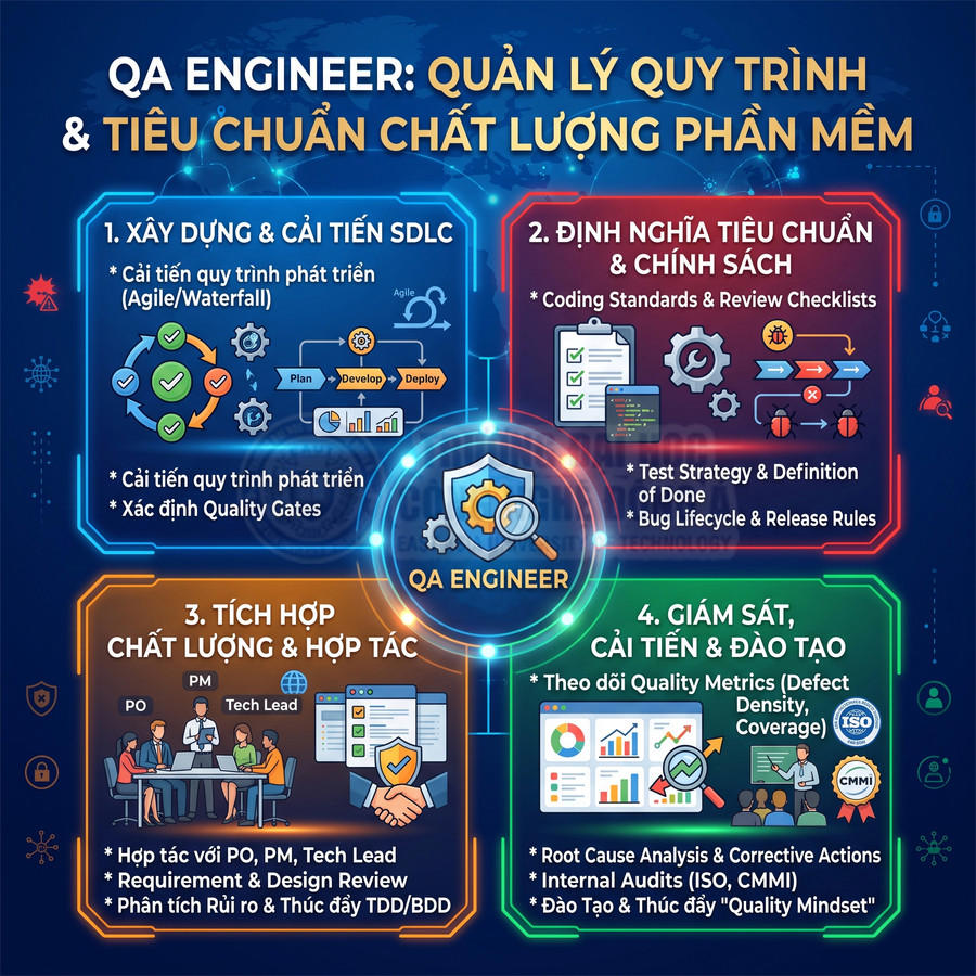 Infographic vai trò QA Engineer trong quản lý quy trình và tiêu chuẩn chất lượng phần mềm
