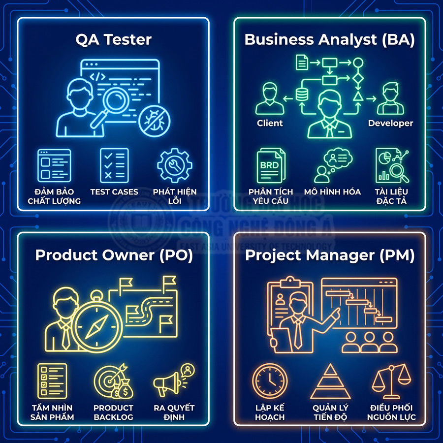 Infographic mô tả vai trò QA Tester, Business Analyst, Product Owner và Project Manager trong phát triển phần mềm