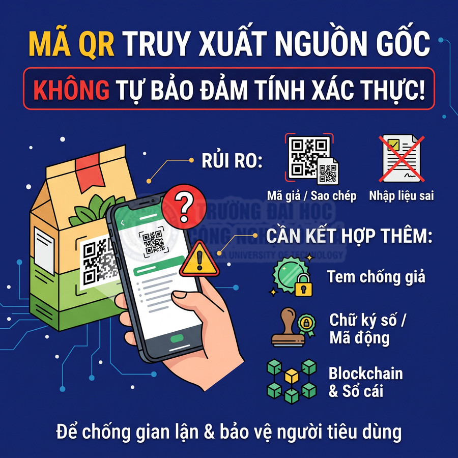 Điện thoại quét mã QR trên hộp sản phẩm, minh họa cách xác thực nguồn gốc và cảnh báo mã QR giả mạo