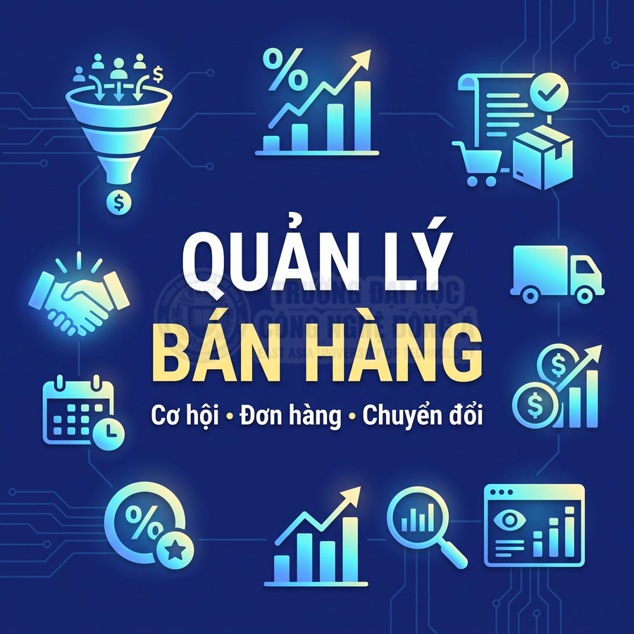 Quản lý bán hàng với các biểu tượng cơ hội, đơn hàng, chuyển đổi và tăng trưởng doanh thu