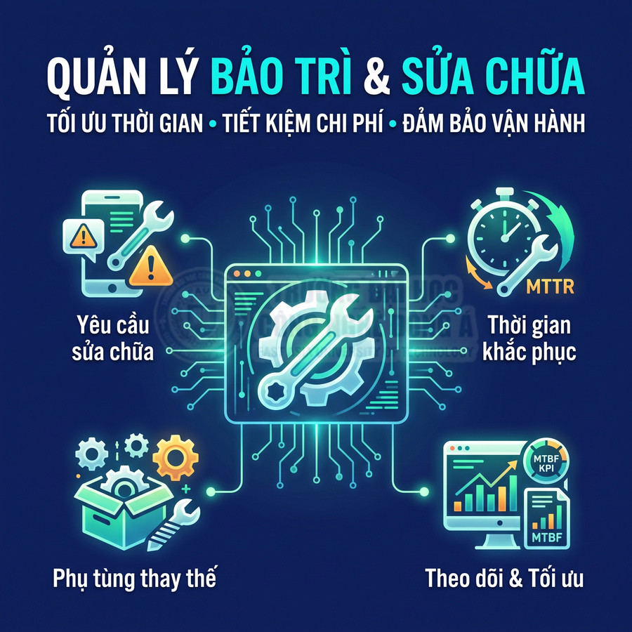 Minh họa hệ thống quản lý bảo trì và sửa chữa, theo dõi yêu cầu, thời gian khắc phục, phụ tùng và hiệu suất vận hành