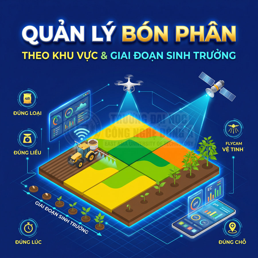 Minh họa quản lý bón phân cho cây trồng theo khu vực và giai đoạn sinh trưởng bằng drone, vệ tinh và cảm biến nông nghiệp