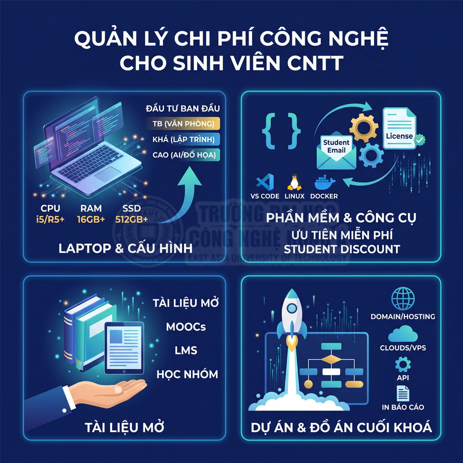 Infographic quản lý chi phí công nghệ cho sinh viên CNTT với laptop cấu hình i5 RAM 16GB SSD 512GB và phần mềm miễn phí