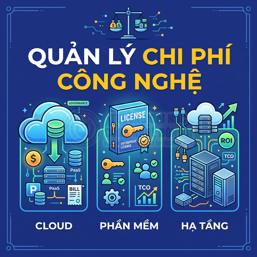 Minh họa quản lý chi phí công nghệ cho cloud, phần mềm và hạ tầng với biểu tượng license, server, ROI, TCO