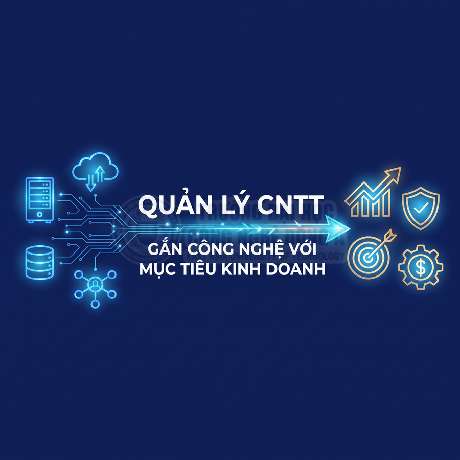 Quản lý CNTT gắn công nghệ với mục tiêu kinh doanh, minh họa bằng biểu tượng dữ liệu, bảo mật và tăng trưởng