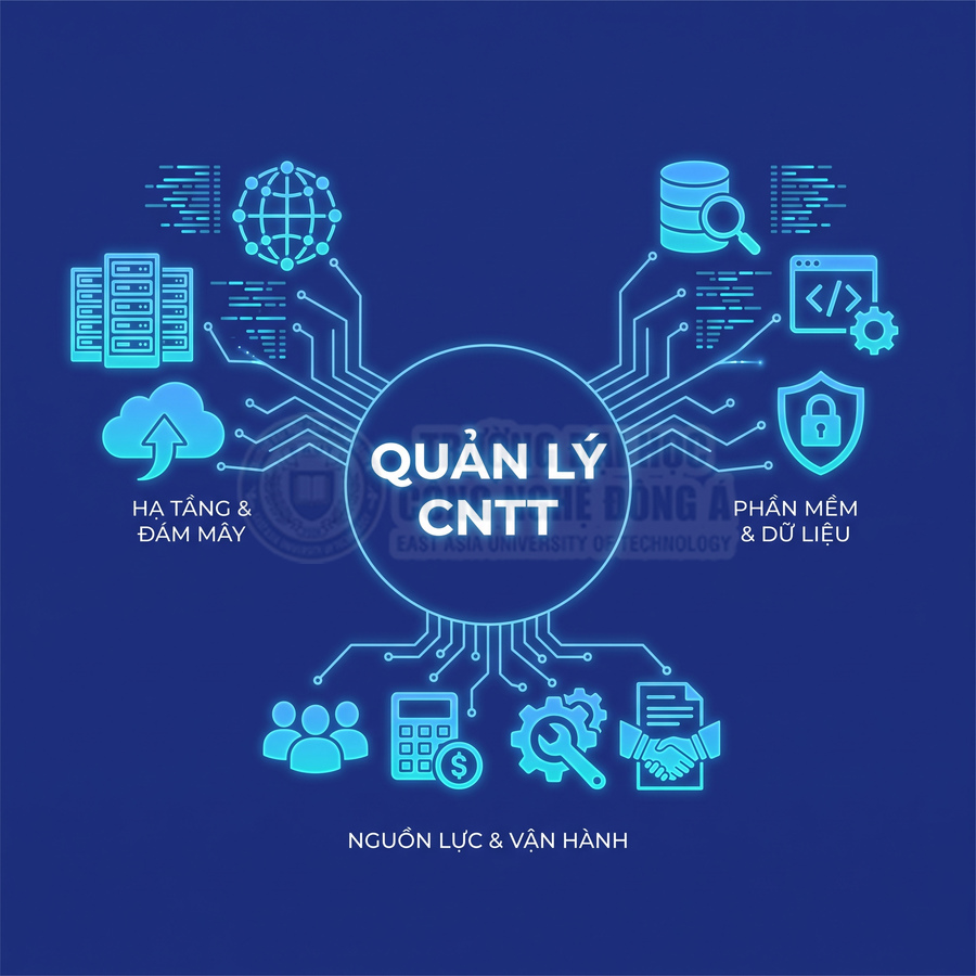 Quản lý CNTT gồm hạ tầng và đám mây, phần mềm và dữ liệu, nguồn lực và vận hành