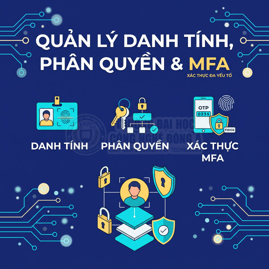 Quản lý danh tính, phân quyền truy cập và xác thực đa yếu tố MFA với biểu tượng khóa và khiên bảo mật