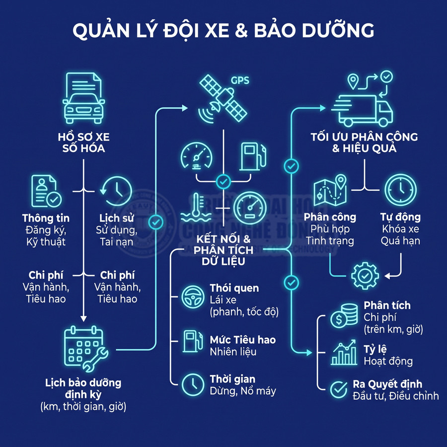 Sơ đồ quản lý đội xe và bảo dưỡng với hồ sơ số hóa, GPS, phân tích dữ liệu và lịch bảo dưỡng định kỳ